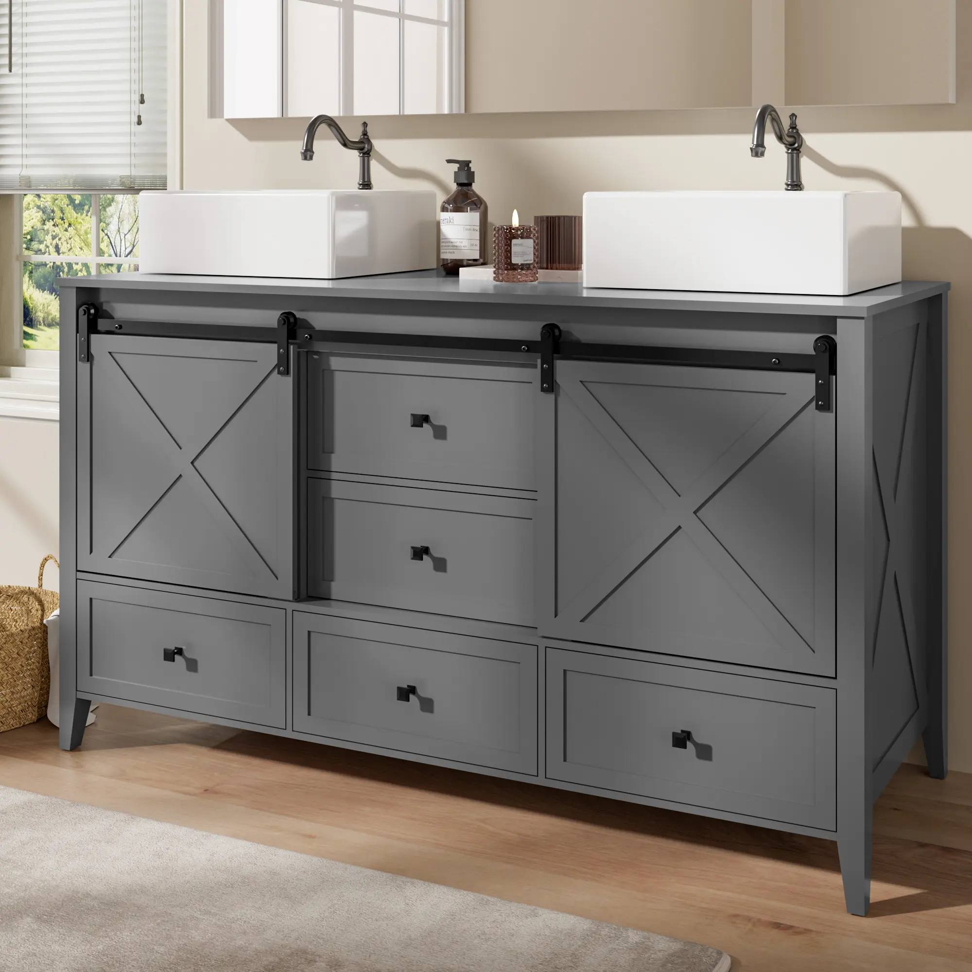 VNN 60-Inch Rustic Ceramic Double Sink Bathroom Vanity, Freestanding Space-Saver Cabinet with 2 Farmhouse Sliding Barn Doors & 5 Drawers, Grey, Ceramics