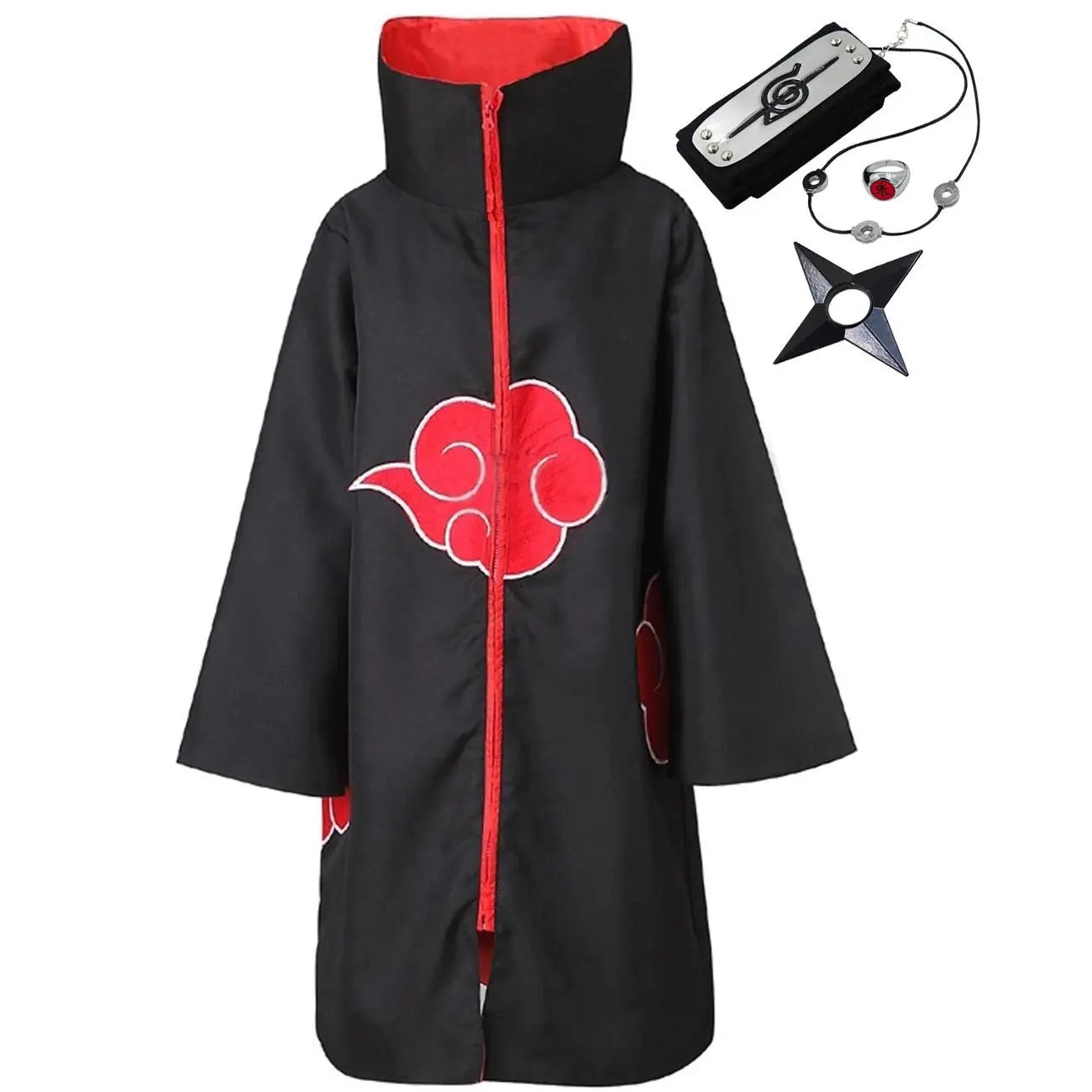 Akatsuki Uchiha Itachi Themed Party Outfit - Unisex Loose Polyester Long Robe Cloak Set with Costume Accessory, Bold Akatsuki Look, Halloween Carnival Cosplay Wear