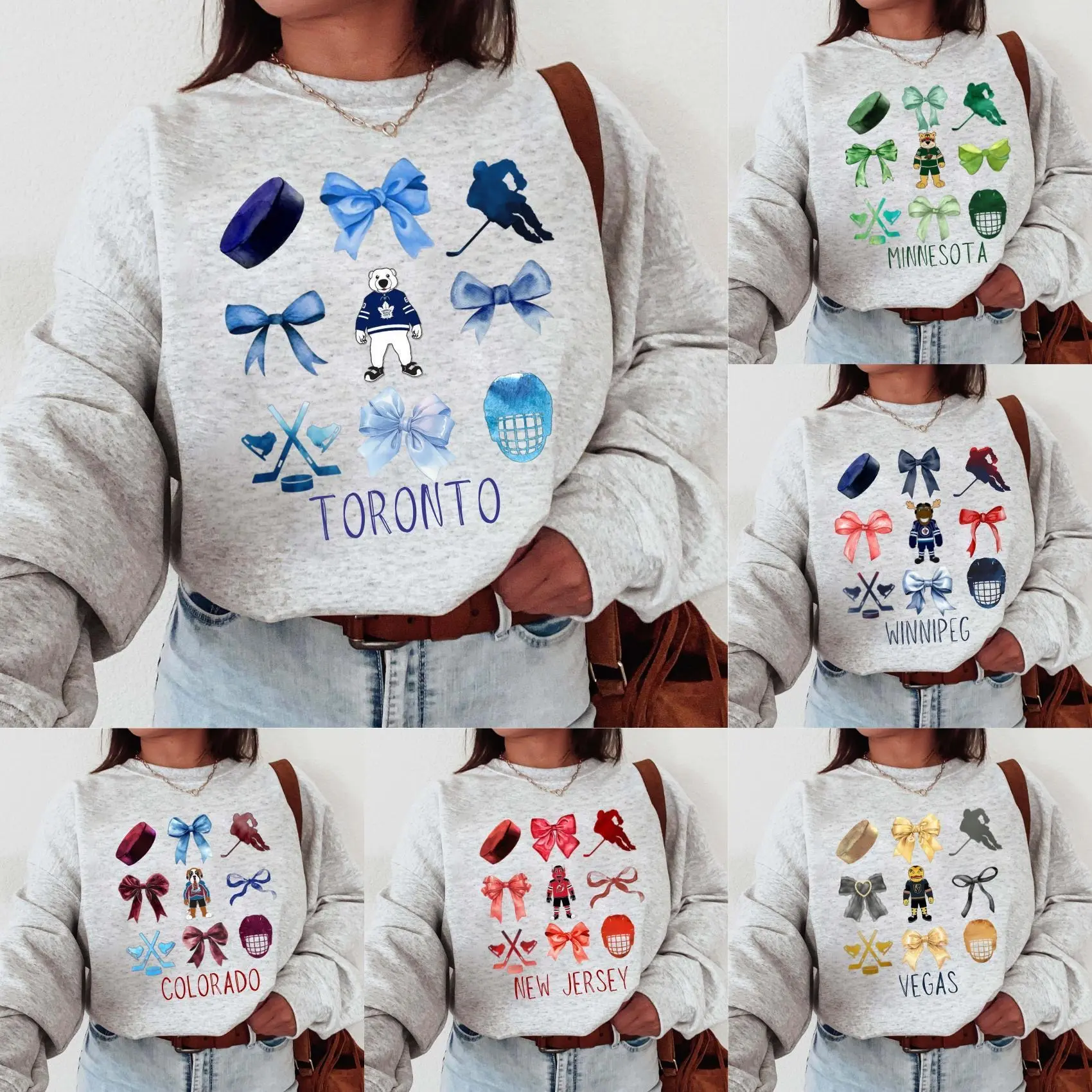 Vintage All Team Hockey Ash Grey Color Sweatshirt Coquette Bow for Hockey Fans, Vintage Sweatshirt Hockey Sweatshirt Shirt Unise, Gift for Her, Minnesota Dallas Toronto New Jersey Vegas Colorado Winnipeg, Detroit