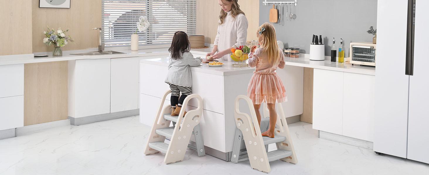 Dripex Foldable 3-Step Stool with Handles, Adjustable Toddler Step Stool for Bathroom Sink, Potty Training & Kitchen Helper Plastic Ladder for Kids