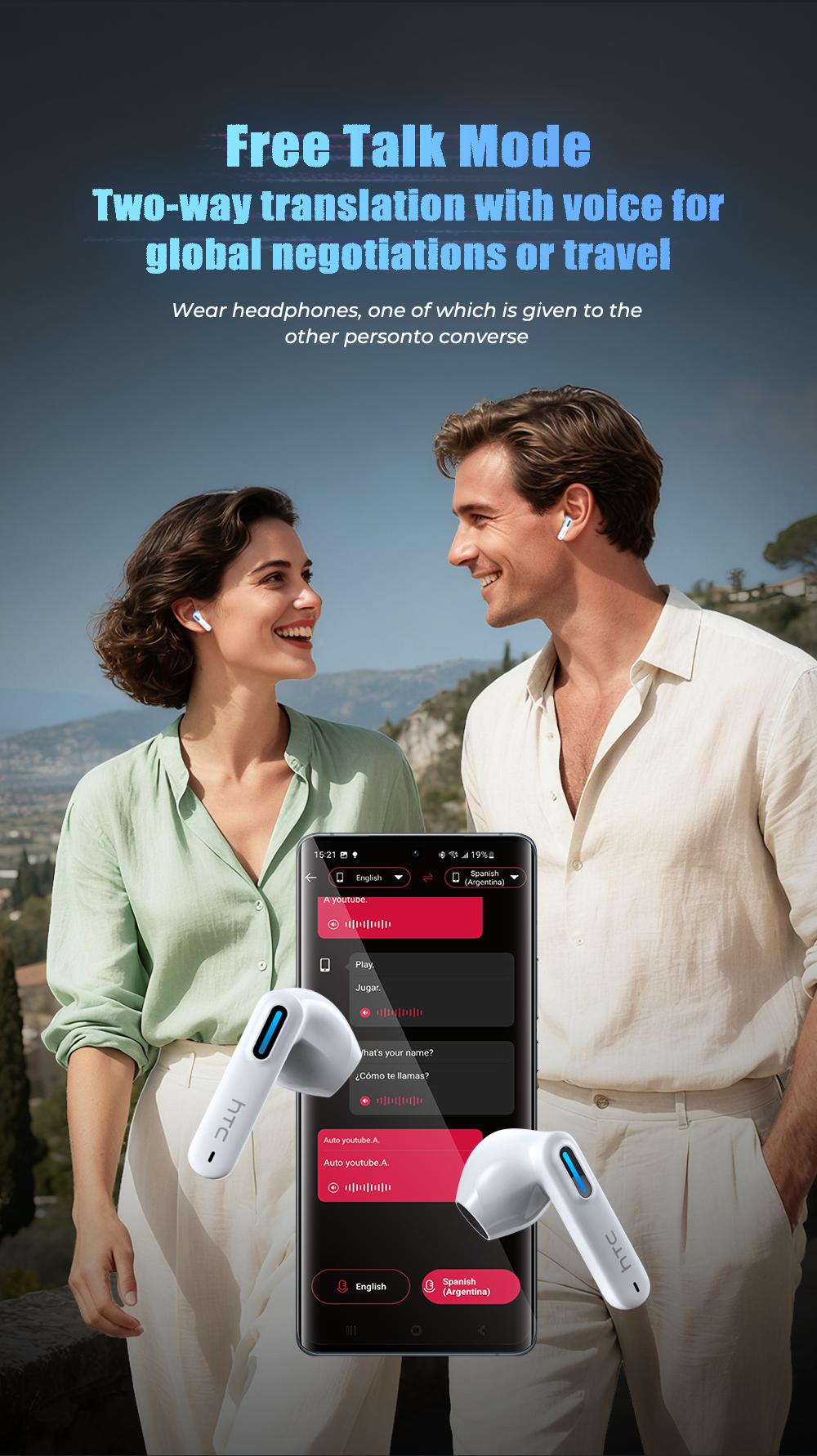 HTC NE49-ai translation headset Bluetooth headset (6.0), charging box, IPX5 waterproof, 35 hours of charging box life, built-in microphone.