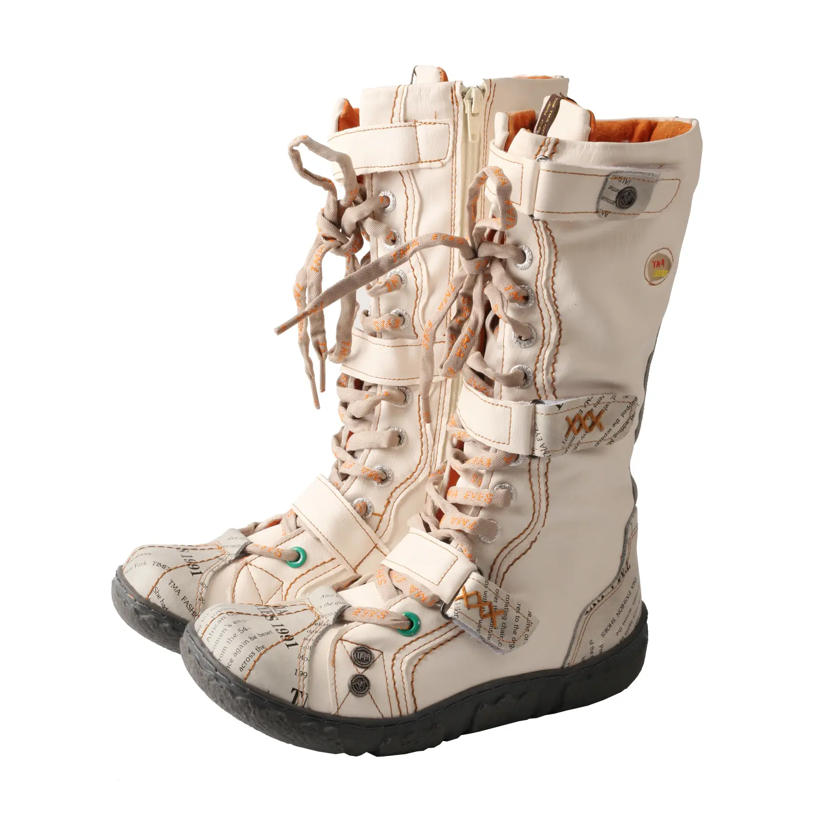 TMA EYES Women's Winter Washed PU Leather Flat Boots - Strap-Accent, Round Toe, Lace-Up, Fur-Lined Shoe, Casual Footwear