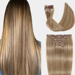 DNE Clip in Hair Extensions 18inch 120g 7pcs 100% Remy Human Hair, Heat Resistant & Can Be Dyed/Double Wefted Clip-Ins for Women, P4/27