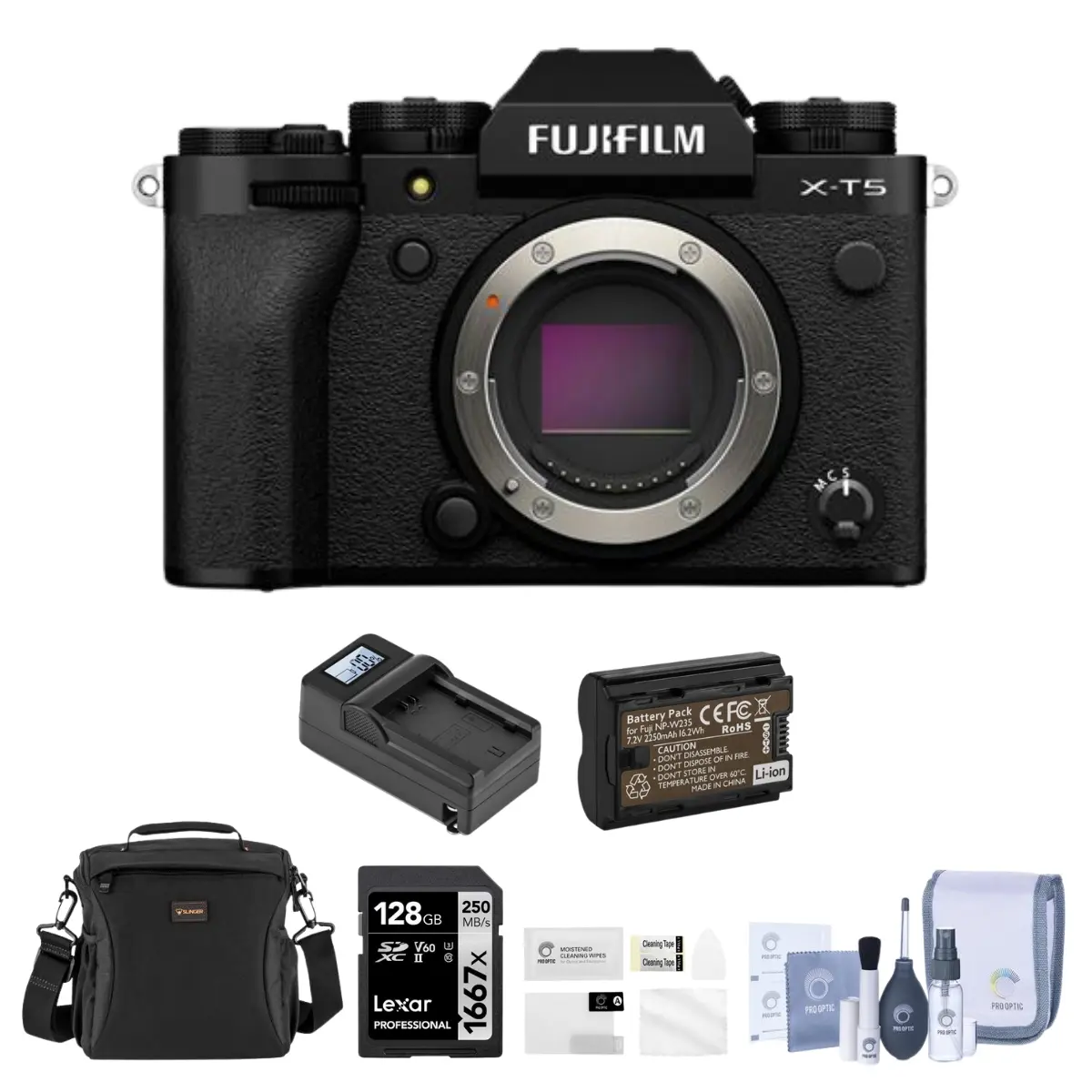 Fujifilm X-T5 Compact Digital Mirrorless Camera (Black) Bundle with 128GB Memory SD Card, Shoulder Bag, Extra Battery, Charger, Screen Protector, Cleaning Kit, Full HD Video Capability
