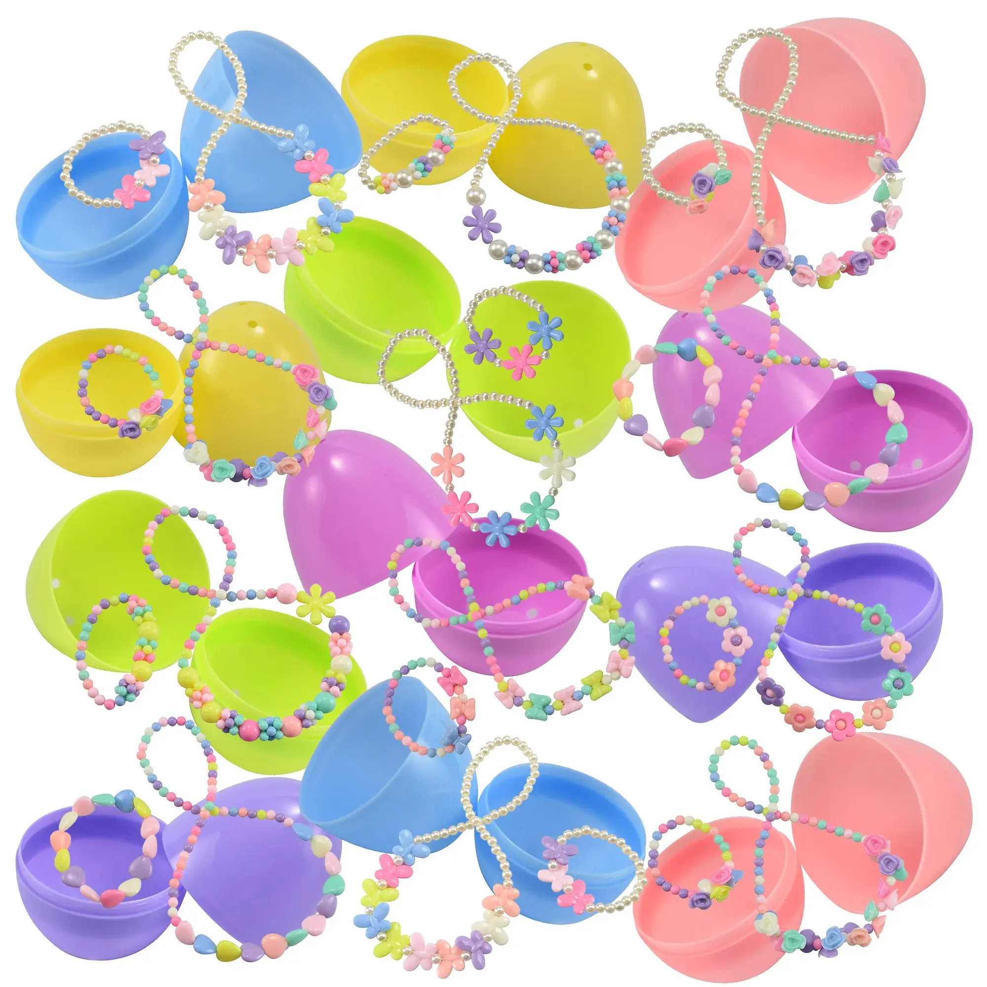 12 Pack Prefilled Easter Eggs with Jewelry Toys, Different Designs of Necklaces and Bracelets Girls Jewelry Set for Kids Easter Party Favor, Basket Stuffer, Classroom Exchange and Prize Supplies