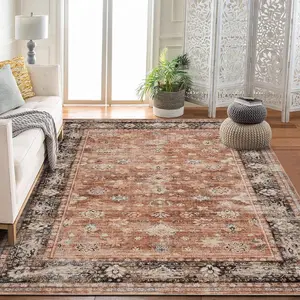 GARVEE Area Rug 10'x13' Indoor Vintage Living Room Carpet Washable Distressed Rug Brown Floral Bedroom Retro Accent Throw Rug Office Dining Room Nursery