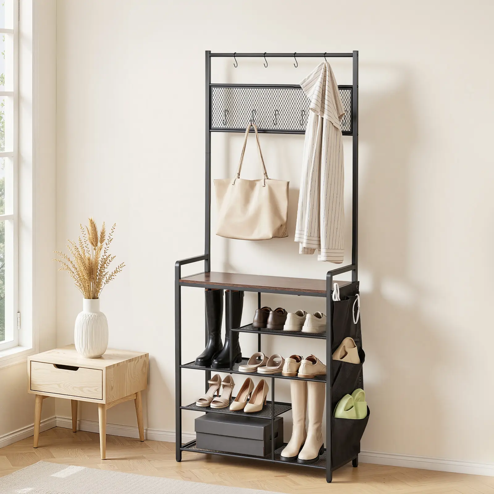 【SummerFinds】VEVOR Hall Tree Clothes Rack, 70.9 in Coat Racks Organiser with 4-Tier Shoe Storage, Freestanding Coat Holder with Hooks, Side Pocket, Wire Shelf, Steel Frame for Entryway, Closet Organization & Organizing, Freestanding Coat Racks