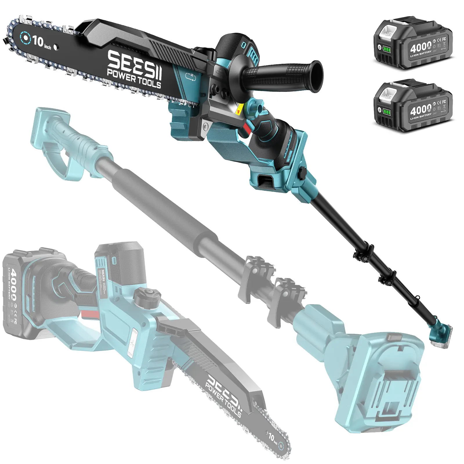SEESII (10/8)-Inch 2-in-1 Cordless Pole Saw & Mini Chainsaw, 900W Brushless Motor & 2 x 2/4.0Ah 21V Batteries, 16Ft Max Reach & 14 Piece Kit for Tree Trimming P10 Uniq/P8 Ace/P6 Ace CHT11