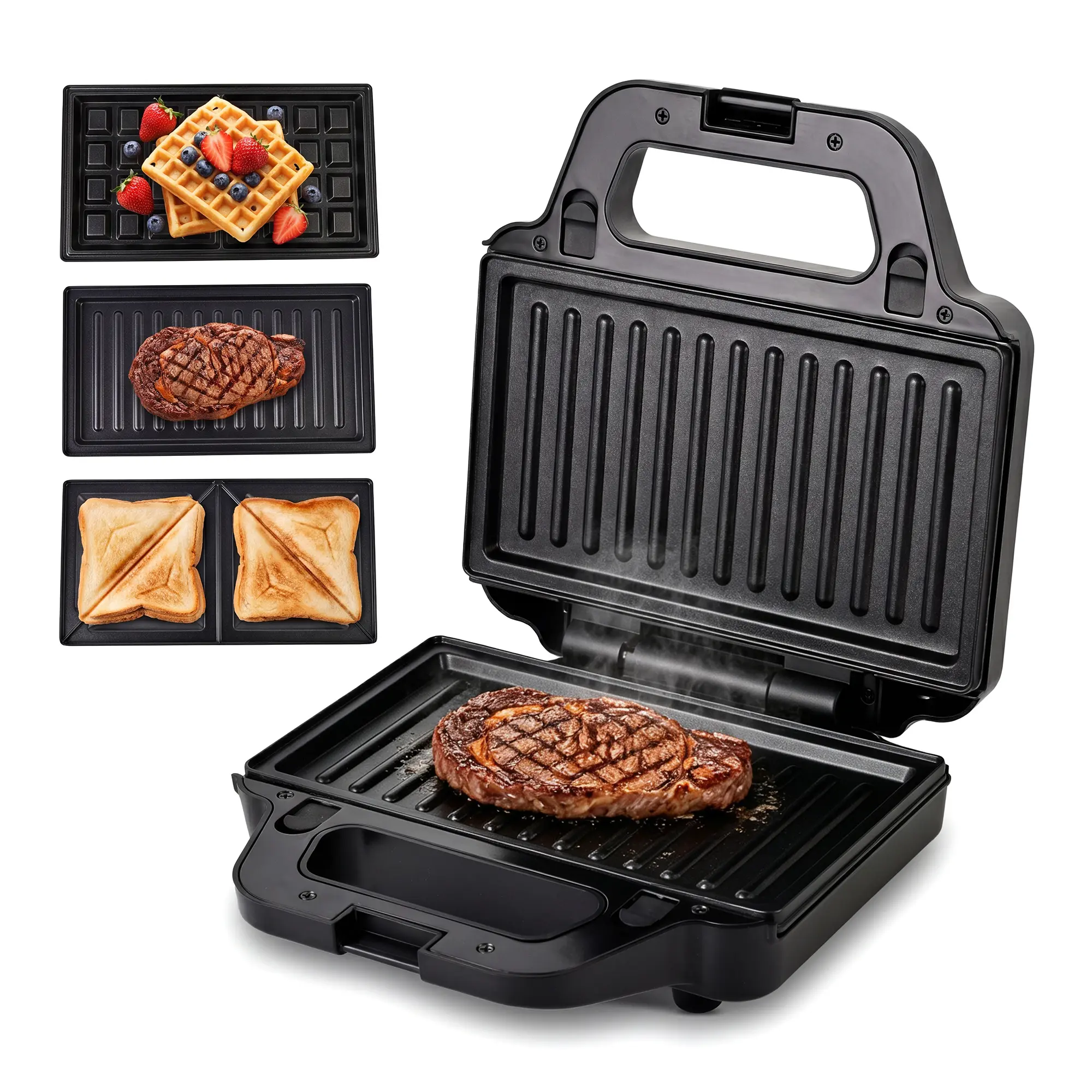 SUSTEAS 3-in-1 Multi-Use Grill - Mini Waffle Maker, Sandwich Maker, Panini Press with Removable Nonstick Plates, Compact Small Footprint Kitchen Appliance, Removable Plates