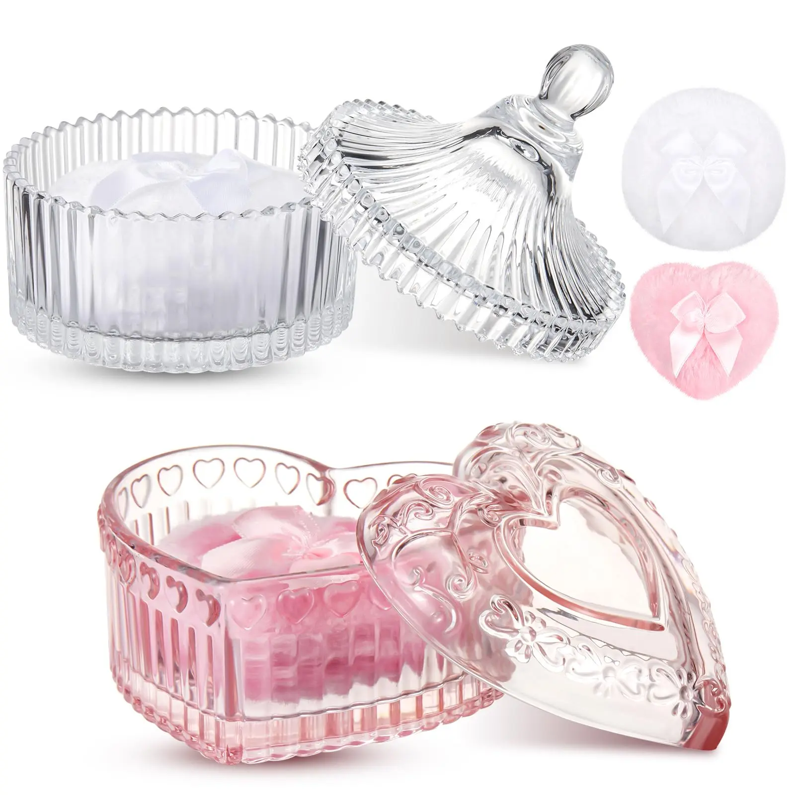 Summer Dusting Powder Jar with 2 Pcs Body Powder Puffs for Body Care Crystal Powder Box with Makeup Puff  Bridal Shower Birthday Gift for Women Bestie Girls Multifunctional Container Bathroom Vanity Decor