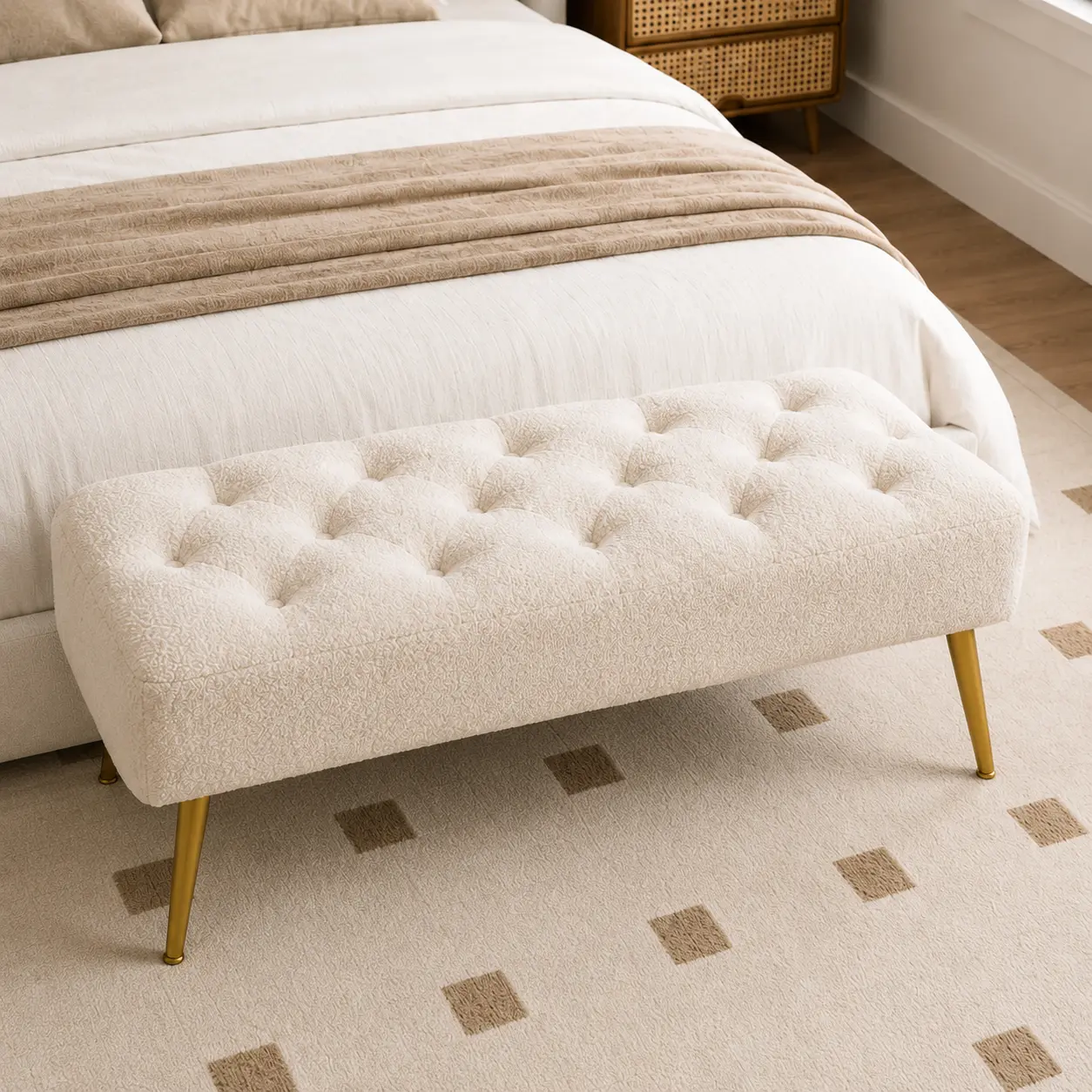 Costoffs Modern Tufted Boucle Upholstered Ottoman Bench - Soft Padded Footstool, Multipurpose Furniture, Gold Metal Legs, Indoor Stool for Living Room, Bedroom Decor Ideas, Room Decor, Living Room Decor