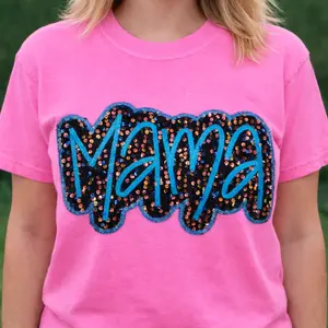 Sequin Mama Appliqué Tee – Pink Comfort Colors Short Sleeve Shirt