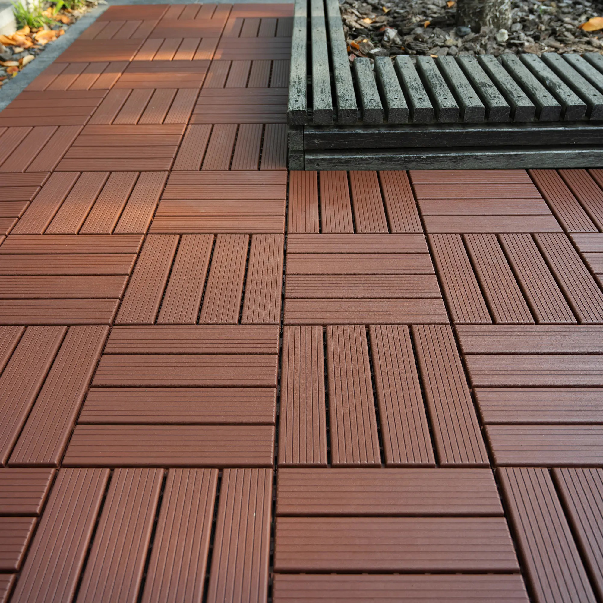 Wood Plastic Composite Deck Tiles, 44 Pack 12"x12" Square Flooring with Interlock Fit, Waterproof All-Weather for Outdoor Patio & Indoor Use, Brown
