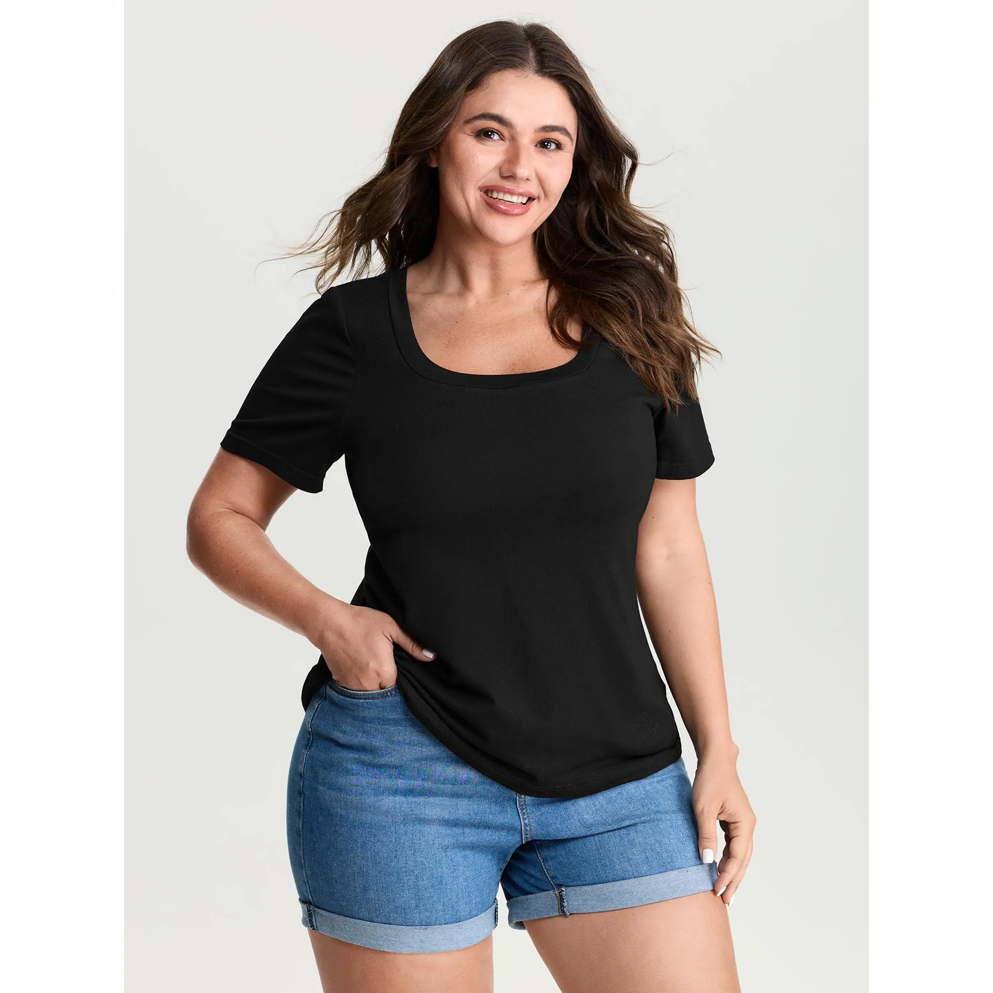 BloomChic Plus Size T-Shirt for Women, Fitted Short Sleeve U-Neck Top with Built-in Bra, Solid Basic Cotton Spandex, Shortsleeve, Tshirt, Women's Clothes, Fitted Body, Casual, Women's Tops
