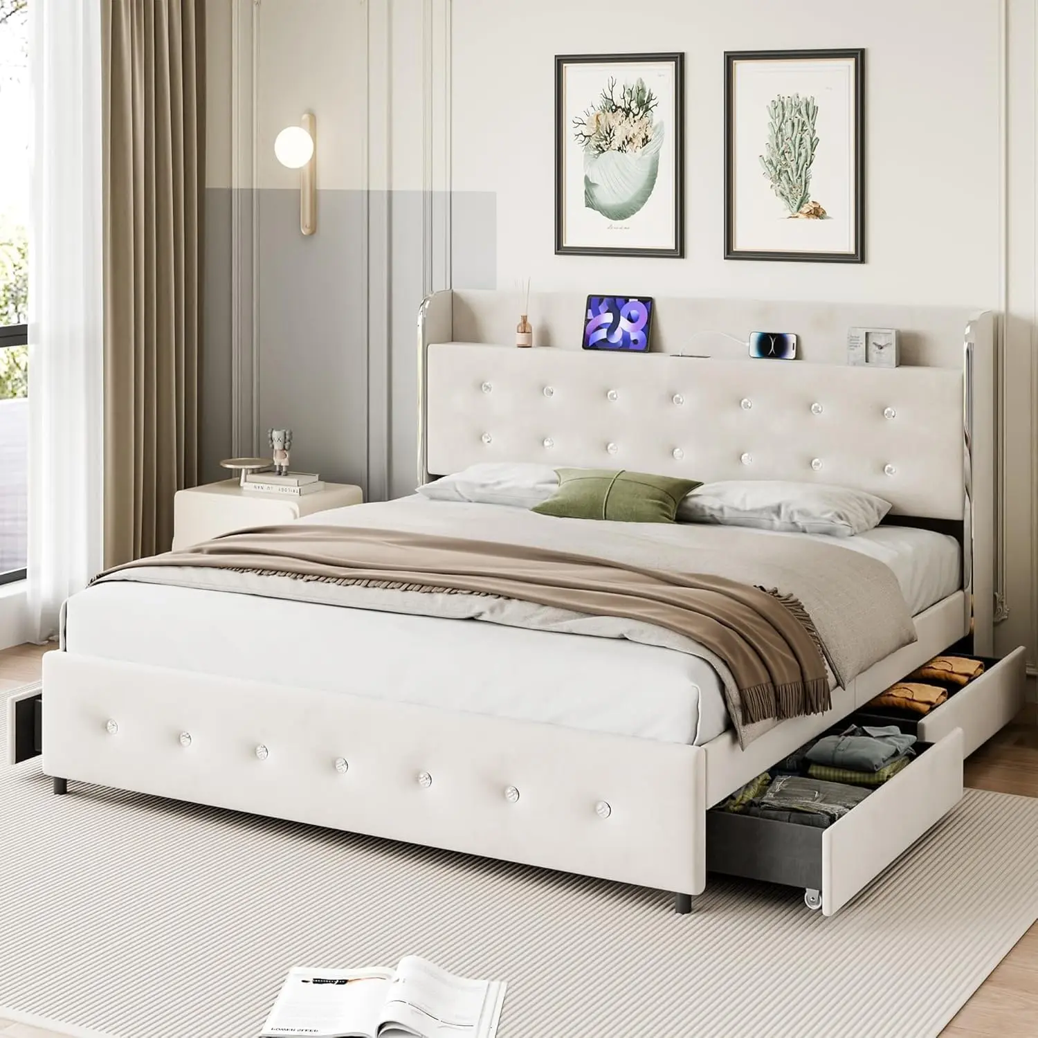 Garvee Queen Bed Frame with Storage Headboard and Charging Station Velvet Upholstered Queen Platform Bed Frame with 4 Drawers and Wooden Slat Support Noise Beige Elegant Design