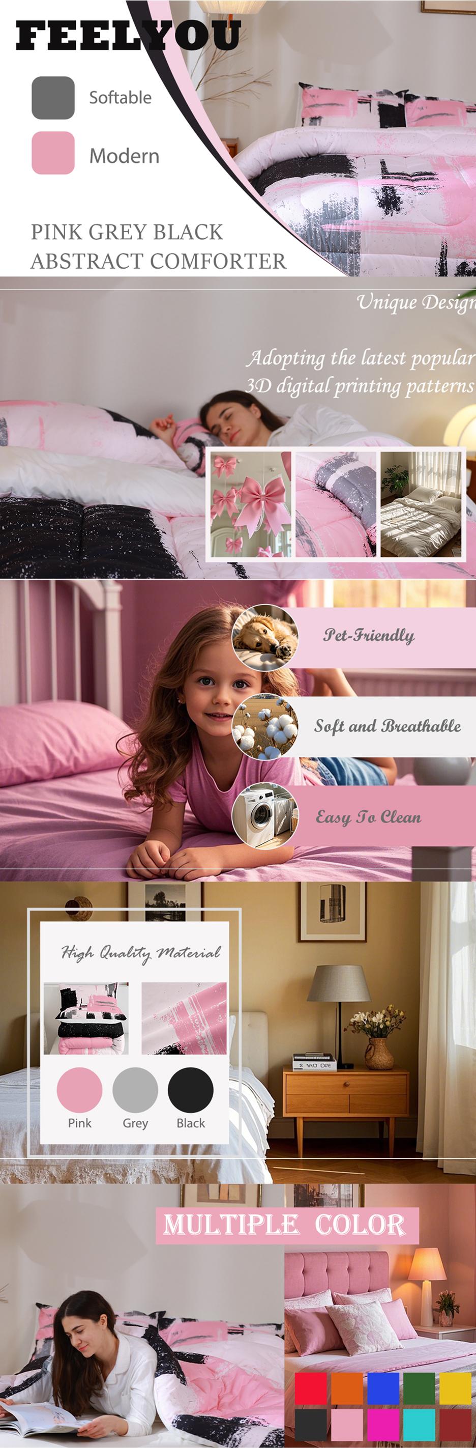 Abstract Comforter,Modern Abstract Art Comforter Set,Pink Black Pattern Bedding Set Room Decor Twin Full Queen King Size Duvet Set with Pillow Cover