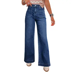 Mntaor Women's Sail Blue Wide-Leg Jeans with Deep Pockets High-Waist Denim Staple for Boho Chic & Western Style Outfits
