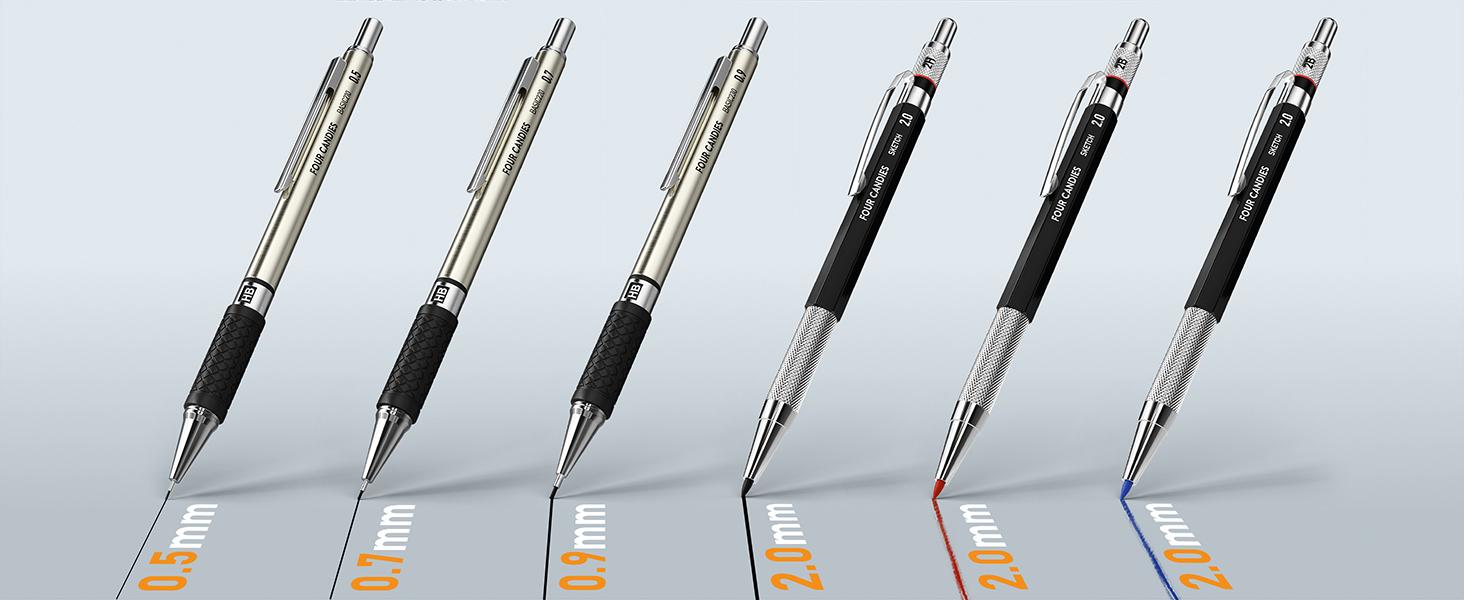 Four Candies 25PCS Mechanical Pencil Set with Case - 3PCS Metal Pencils 0.5 0.7 0.9mm, 3PCS 4B Erasers, 432PCS Graphite Leads for Writing Drawing Sketching Christmas Gifts, Stationery Writing Tools