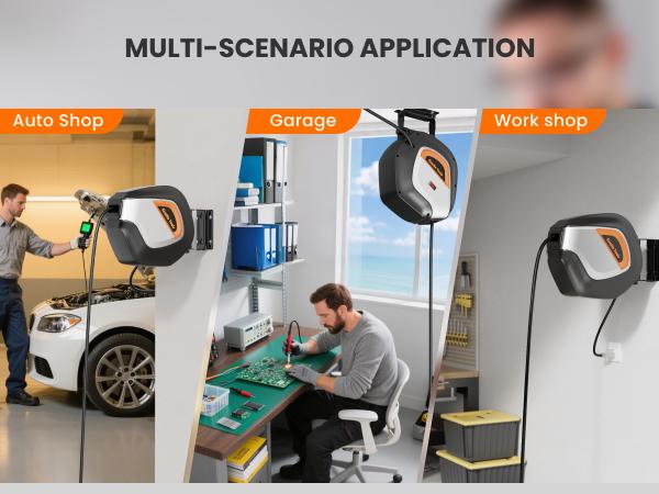 Giraffe Tools Retractable Extension Cord Reel 12/14/16 AWG with 3 Outlets LED Lights Auto-Retract Feature for Outdoor Use Kink-Free Design Safety Circuit Breakers 50 Feet SJT Cable - Garage