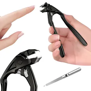 Long-handled nail clipper/scissors for trimming nails without bending—wide mouth suitable for thick, hard nails common among seniors; angled head with switch; long handle grip makes manicuring easier; suitable for elderly men and women; splash guard; blac