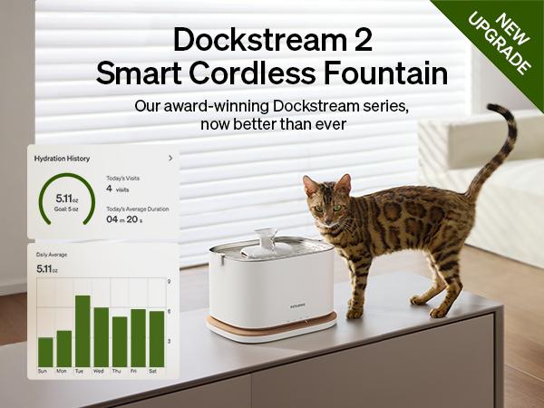 PETLIBRO Dockstream 2 Cat Water Fountain Cordless Battery Operated 3L 101oz Stainless Steel Tray 5GHz WiFi App Monitoring Automatic Dispenser