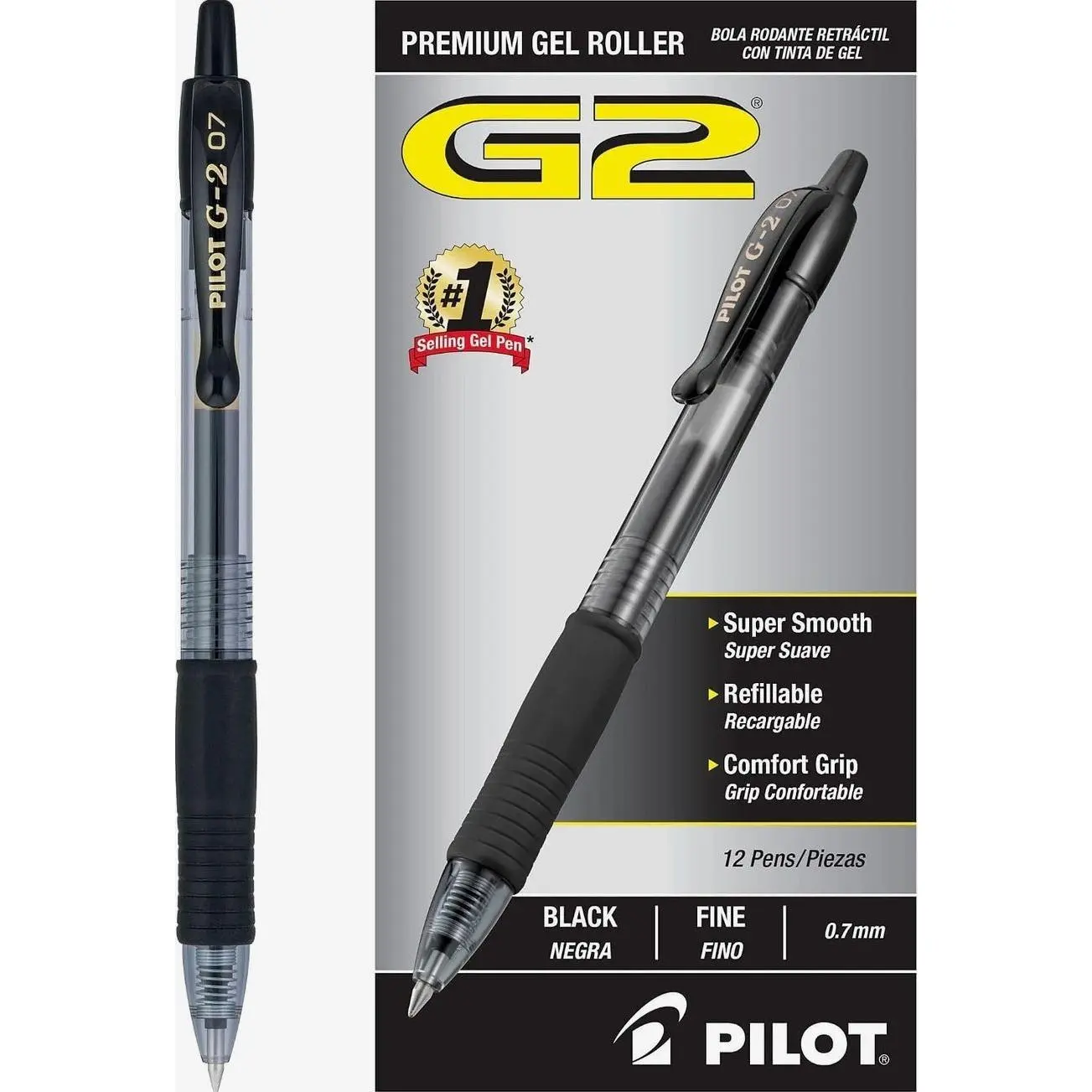 PILOT G2 Pens, Premium Refillable and Retractable Rolling Ball Gel Pens, Fine Point, 0.7mm, Black Ink, 12-Pack