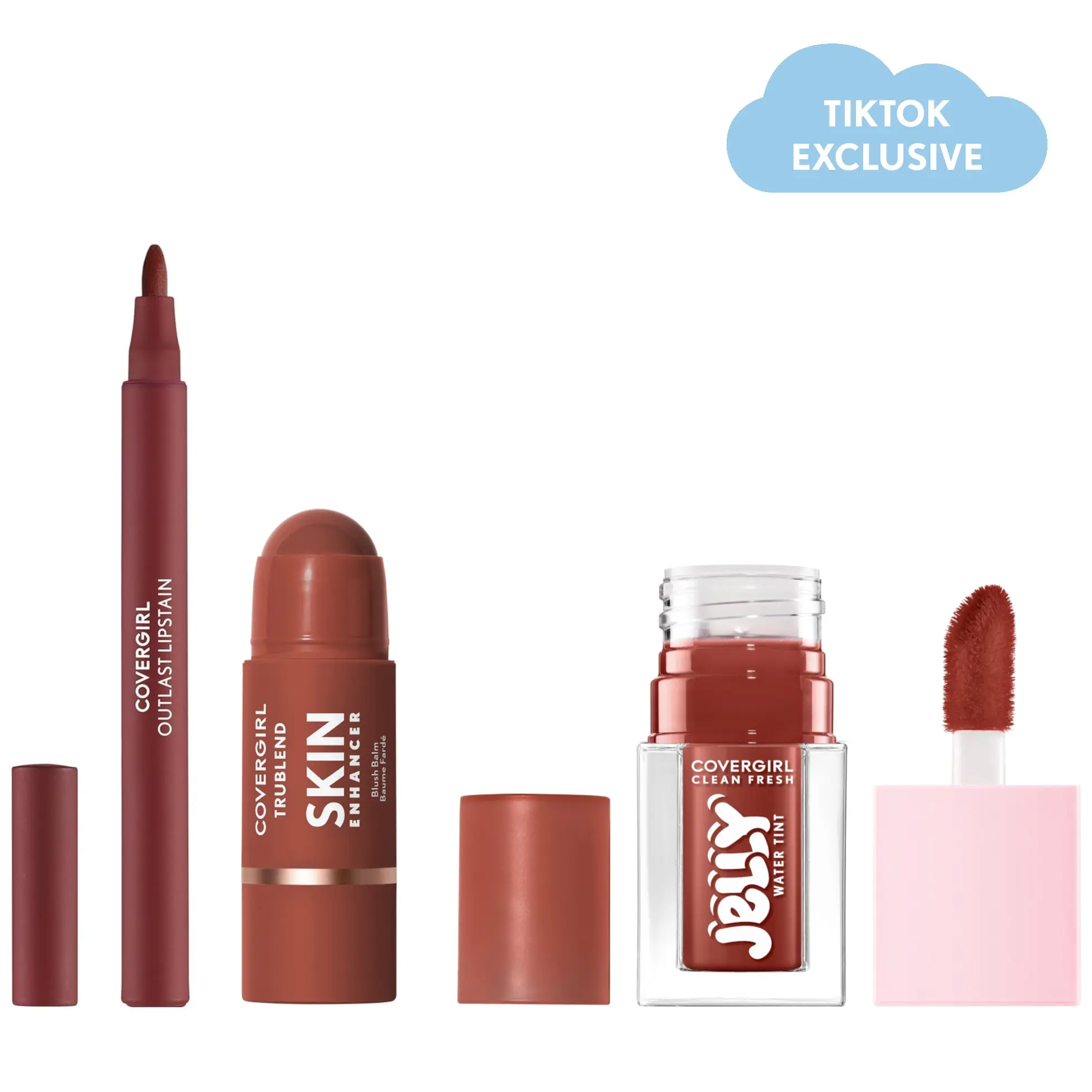COVERGIRL Summer 3-Piece Cosmetic Trio - Viral Lipstain, Blendable Blush Balm, Water Tint Blush | Beauty Products for Natural Flush for Your Skin, Shiny