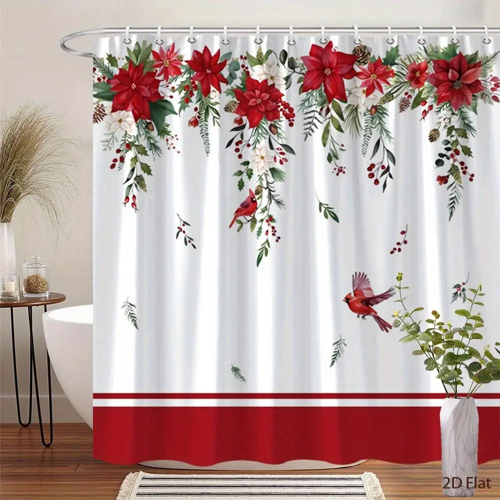 1pc Thick Stainless Steel Decorative Christmas Shower Curtain (66x72 in) - Thick Fabric, Water-Resistant, Elegant Red Poinsettia & Cardinal Bird Design, 12 Hooks, White & Red Floral Pattern, Golden Accents, Machine Washable for Holiday Bathroom Decor, Flo