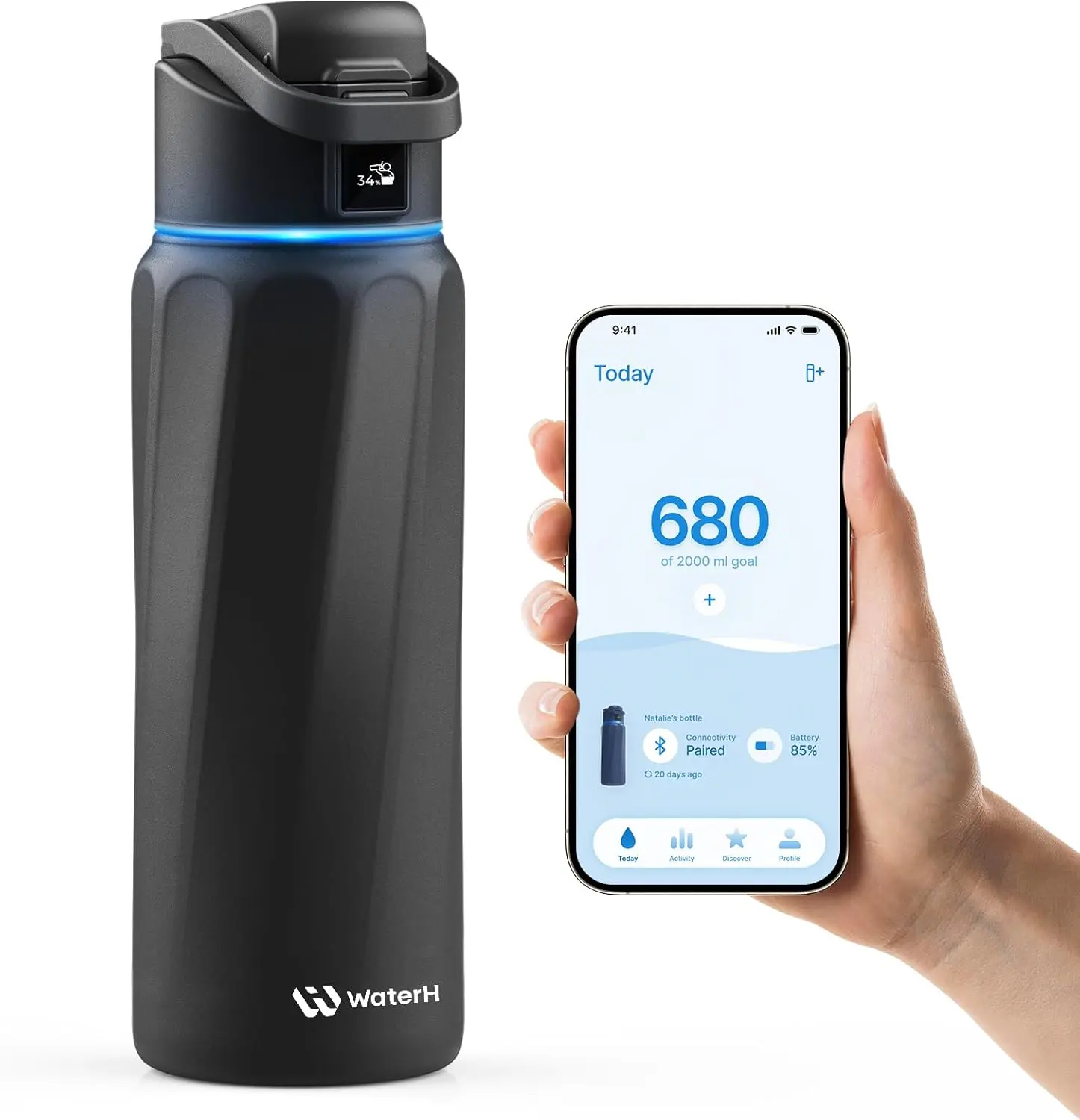 WATERH Boost Smart Water Bottle with APP - Insulated Stainless Steel Flask, Water Intake Tracker & Hydration Reminder, Portable Vacuum Thermal Cup, Wide Mouth Water Bottle for Travel & Gym,  , Free Christmas Sticker，Ideal Gift