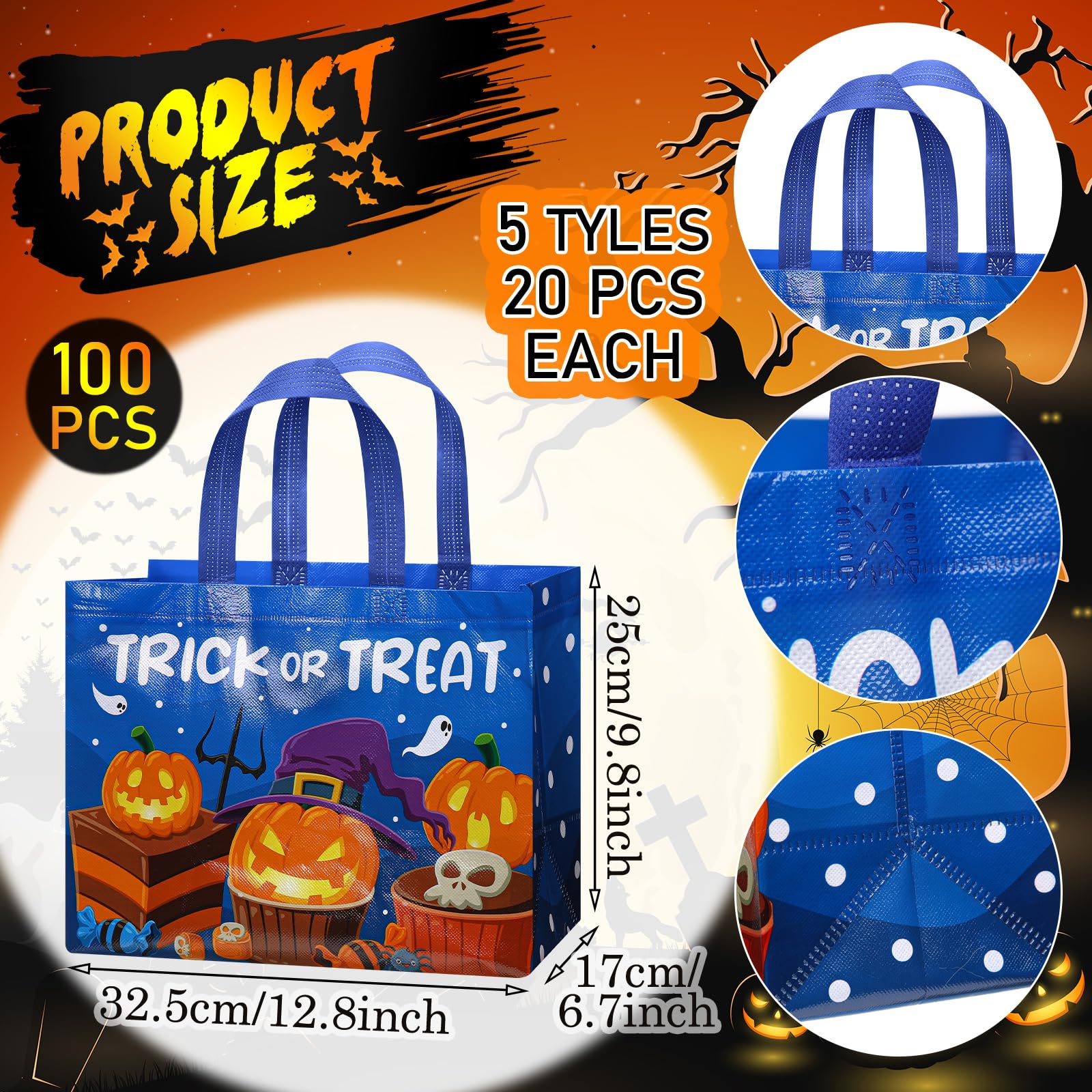 30 Pcs Halloween Candy Bags Non Woven Gift Bags with Handle Trick or Treat Bags with Ghost Vampire Zombie Bat Black Cat Patterns,Snack Goodie Bags for Students Adults,Halloween Birthday Party Favor Supplies