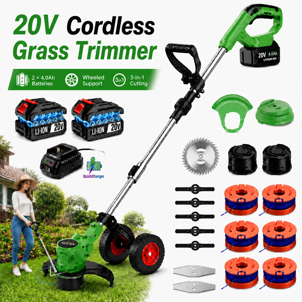 20V Lightweight Cordless Grass Trimmer Full Kit - 4.0Ah Long-Run Lithium Battery, Fast Charger, Adjustable Shaft, 3-in-1 Saw Blade, Metal Blades, Nylon Line for Trim, Wheel Rolls for Weed Cutting & Yard Edge Trimming