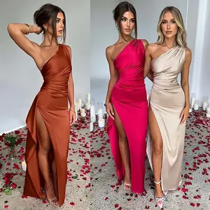 2025 New Design Sense Elegant Slim Fit Asymmetric Shoulder Split Satin Dress Guest Outfit Smooth Womenswear