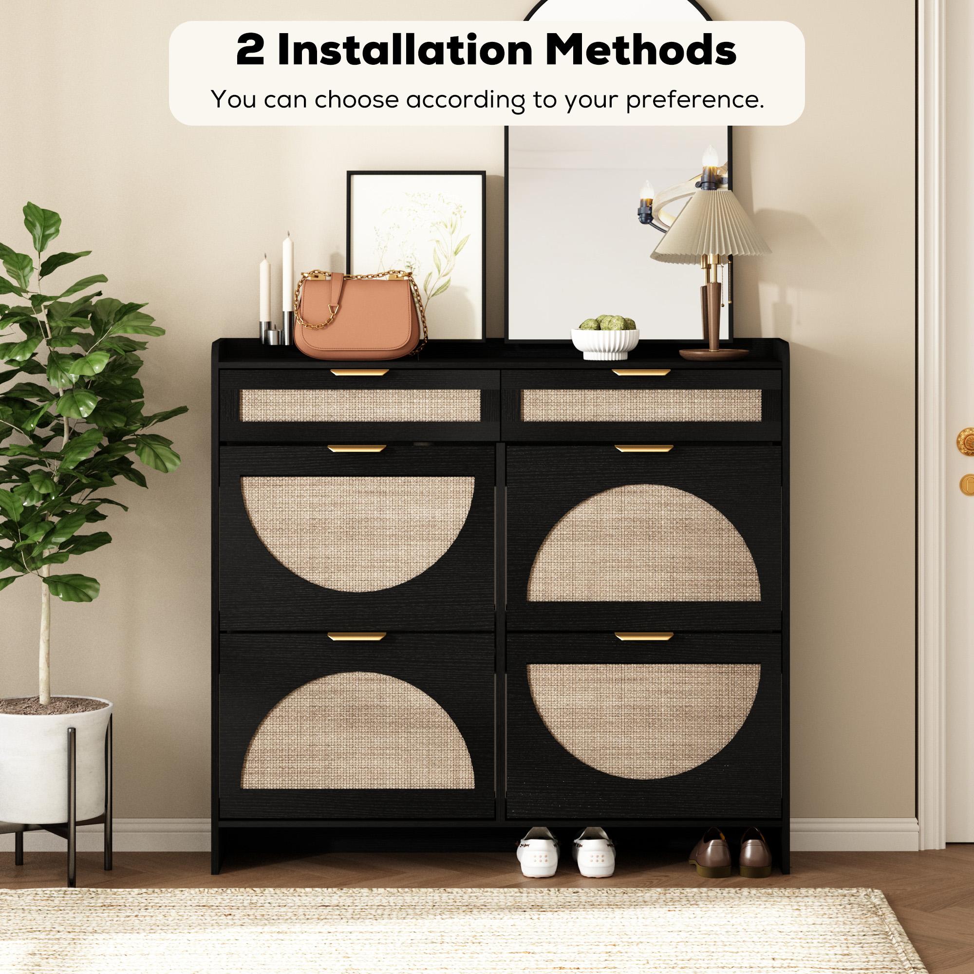 PieDle Furniture Oversized Rattan Shoe Storage Cabinet with 4 Flip Drawers & 2 Drawers – Hidden Slim Shoe Organizer for Entryway, Large Tabletop Space, Farmhouse Boho Narrow Shoe Rack