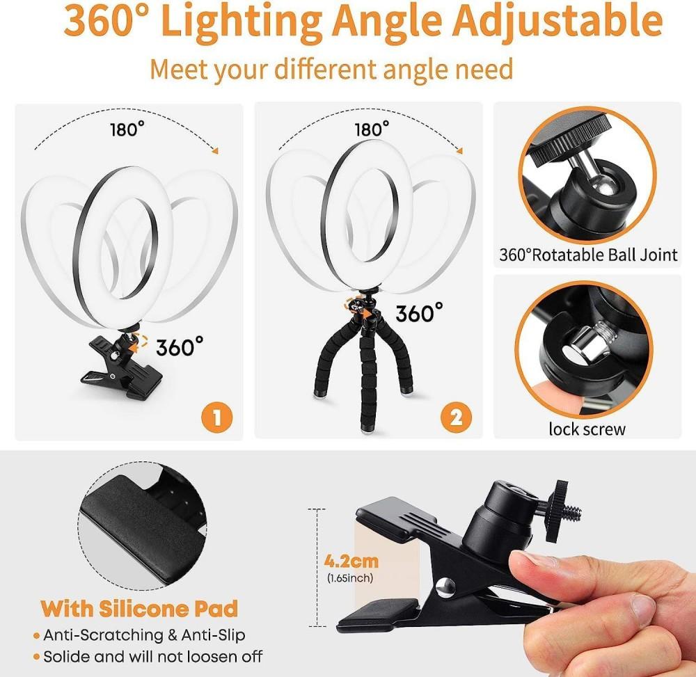 2 in 1 Ring Light Clip on & Bracket Kit, Mini Portable Video Conference Lighting with Desk Stand Kit, Clip on Laptop Monitor with 5 Dimmable Color & 5 Brightness Level for Phone Selfie Lighting Working Live Streaming, For Girls Women Lover Friend Gift
