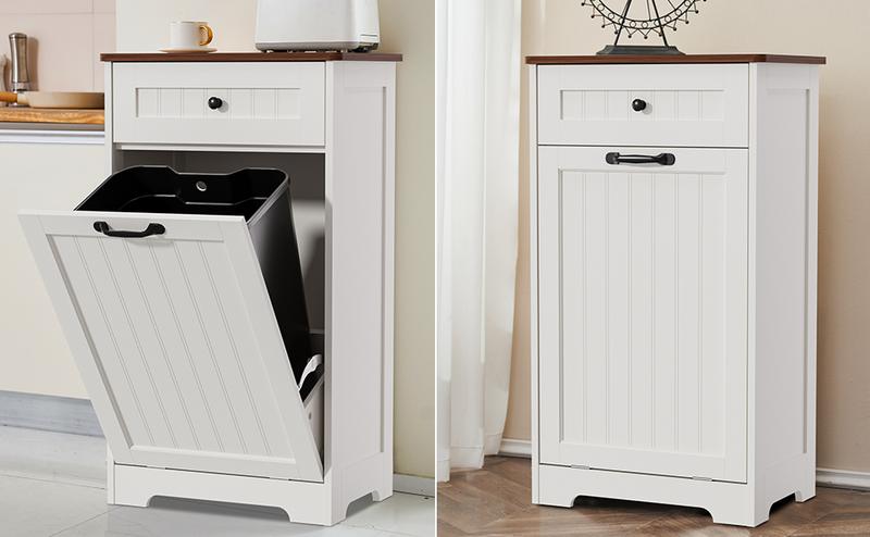 【Does Not Include Trash Can】 Dragosum Tilt-Out Hidden Trash Can Cabinet 10 Gallon, Wooden Kitchen Trash Bin Pet Proof & Odor Control, Recessed or Freestanding for Kitchen Pantry Living Room