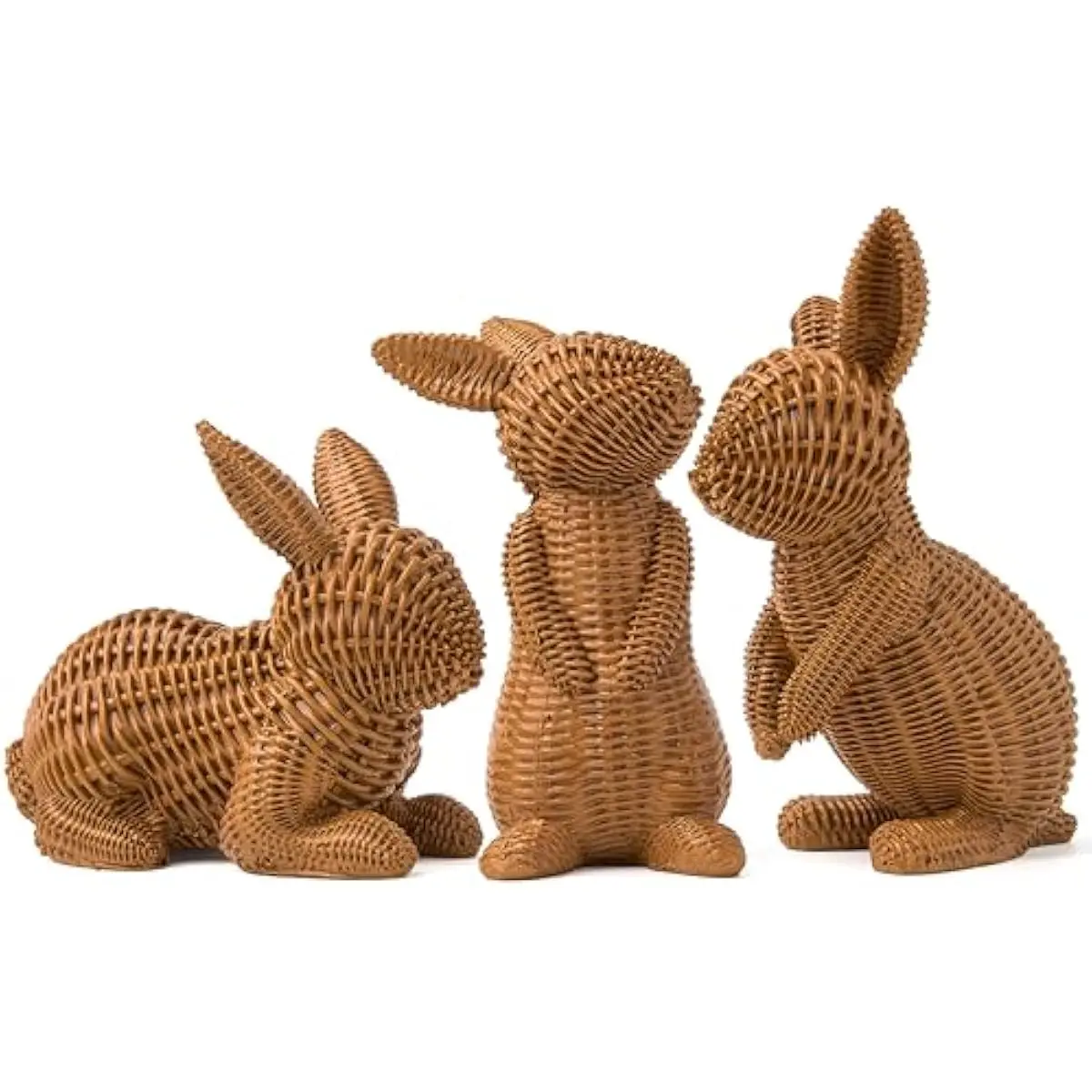3 PCS Easter Bunny Resin Decorations, Rattan-Look Realistic Bunny Rabbit Figurines for Home Tabletop Spring Decor Vintage Table Ornaments.