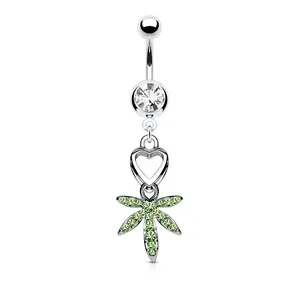 Heart and Crystal Paved Pot Leaf Dangling Belly Button Ring - Stainless Steel