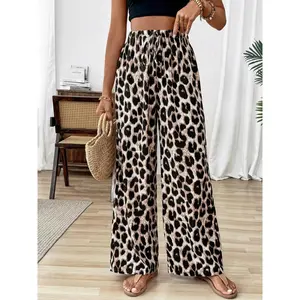 Women's fashionable leopard print wide leg pants and drawstring casual pants are suitable for summer beach vacations and office wear, and are also the perfect choice for concerts and coffee dates.