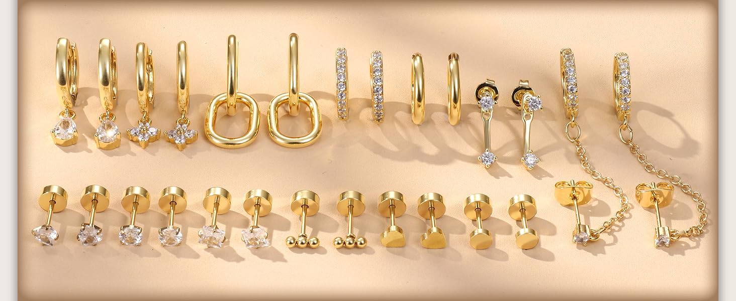 MILACOLATO Hypoallergenic Flat Back Earrings for Women Men, 14K Plated Gold Cartilage Earrings Set for Multiple Piercing, Surgical Stainless Steel Small Hoop Flatback Stud Earrings Stacks Screwback for Sensitive Ears