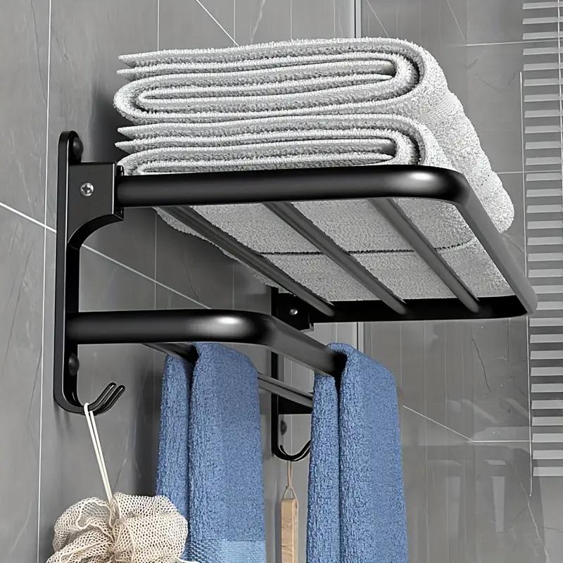 BEPATIO Foldable Wall-Mounted Aluminum Towel Rack Matte Black Bathroom Organizer with Double Bars & Hooks, Rustproof, Easy to Install, Sleek Design