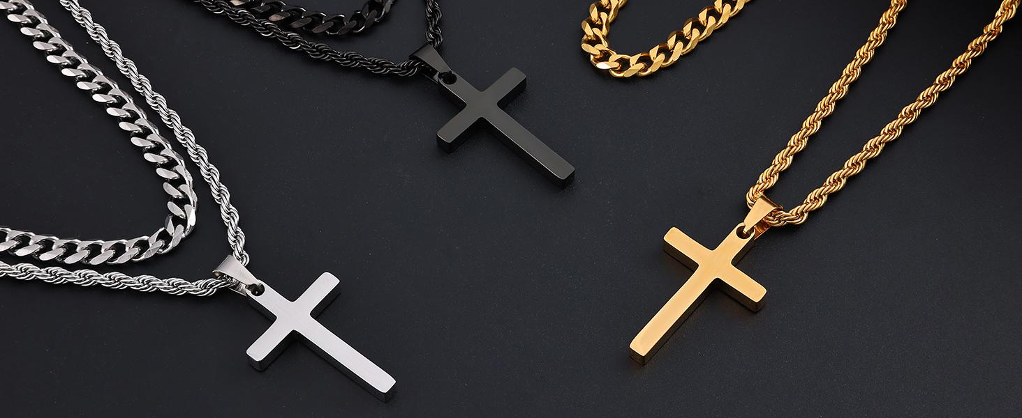 Cross Necklace for Men, Layered Mens Cross Necklaces Stainless Steel Cross Pendant Cuban Link Rope Chain