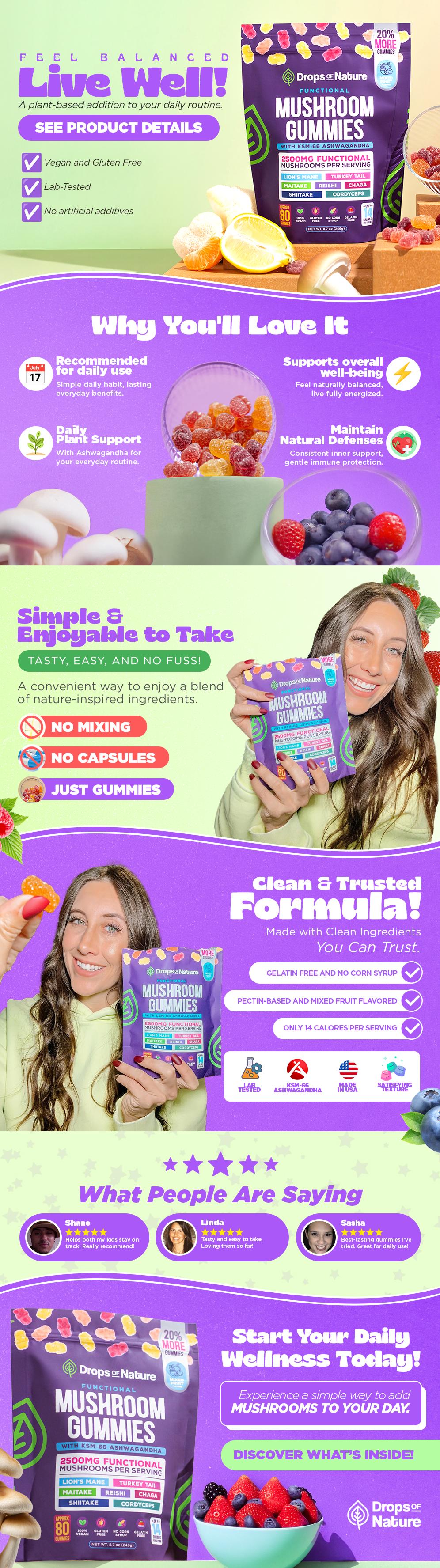 [OFFICIAL STORE] Drops Of Nature Mushroom Gummies | Ashwagandha KSM-66, Lion's Mane, Shiitake, Turkey Tail, Reishi, Maitake, Chaga, Cordyceps | Vegan Mushroom Supplement | Mixed Fruit, 80 Gummies