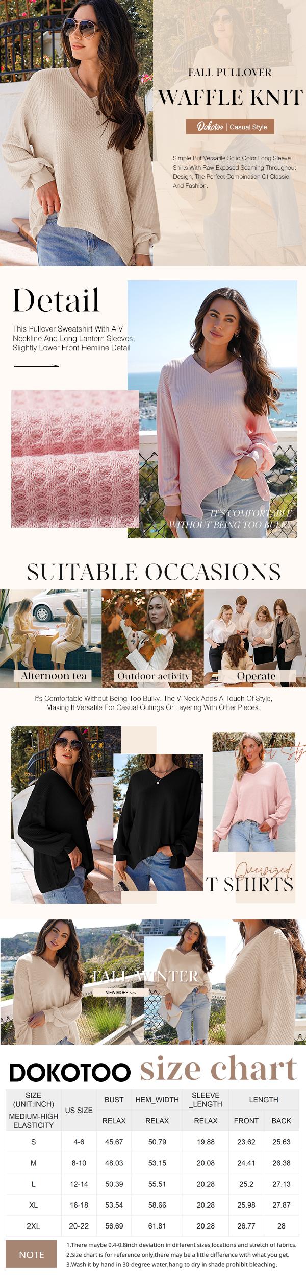 Dokotoo Womens Waffle Knit Tops Fashion Long Lantern Sleeve Casual Blouses V Neck Oversized T Shirts