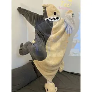 Winter One-piece Sand Sculpture Couple Sleeping Bag Cute Cartoon Shark Nightgown Flannel Coral Velvet Pajamas For Men And Women Clothing Fabric Hoodie Suits Long Sleeve Womenswear Collar Polyester