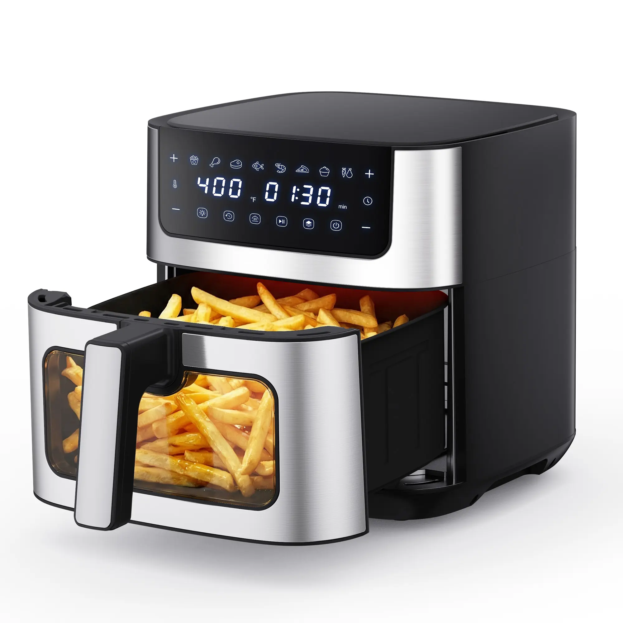 Sweetcrispy 6.34QT Stainless Steel Air Fryer - Kitchen Appliance, Kitchen Supplies with 8 Food Presets, 400°F Max Heat, Adjustable Settings, 90-Min Timer, Nonstick Dishwasher Safe Basket, Auto Shut-Off, Long-Lasting Performance (Air Fry, Roast, Bake)