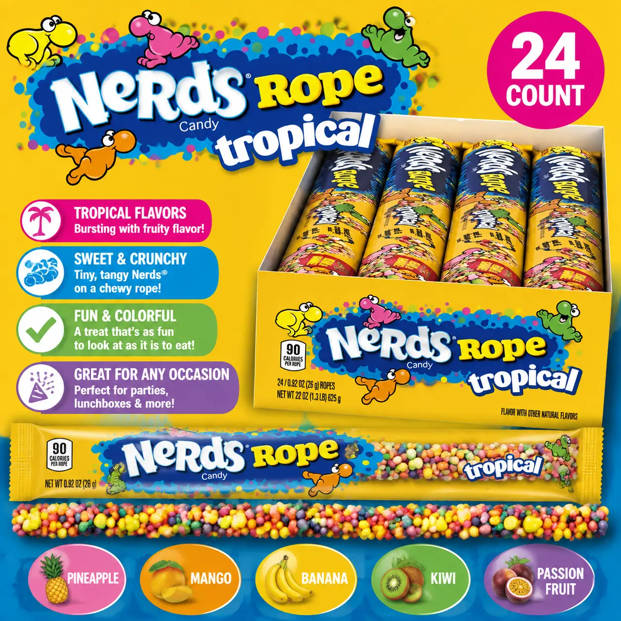 NERDS Rope Tropical Candy 0.92 oz 24 Count  Crunchy NERDS & Chewy Gummy Candy Rope | Fruity Tropical Treats