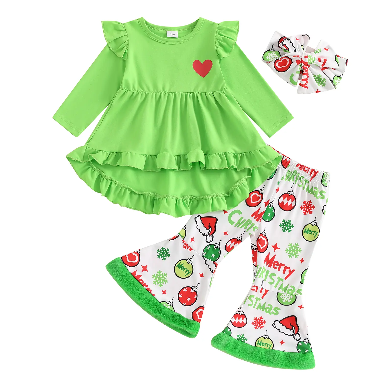 Meihuida Kids Baby Girls 3Pcs Christmas Outfits Long Sleeve Dress Tops + Flare Pants + Headband Set Toddler Clothes