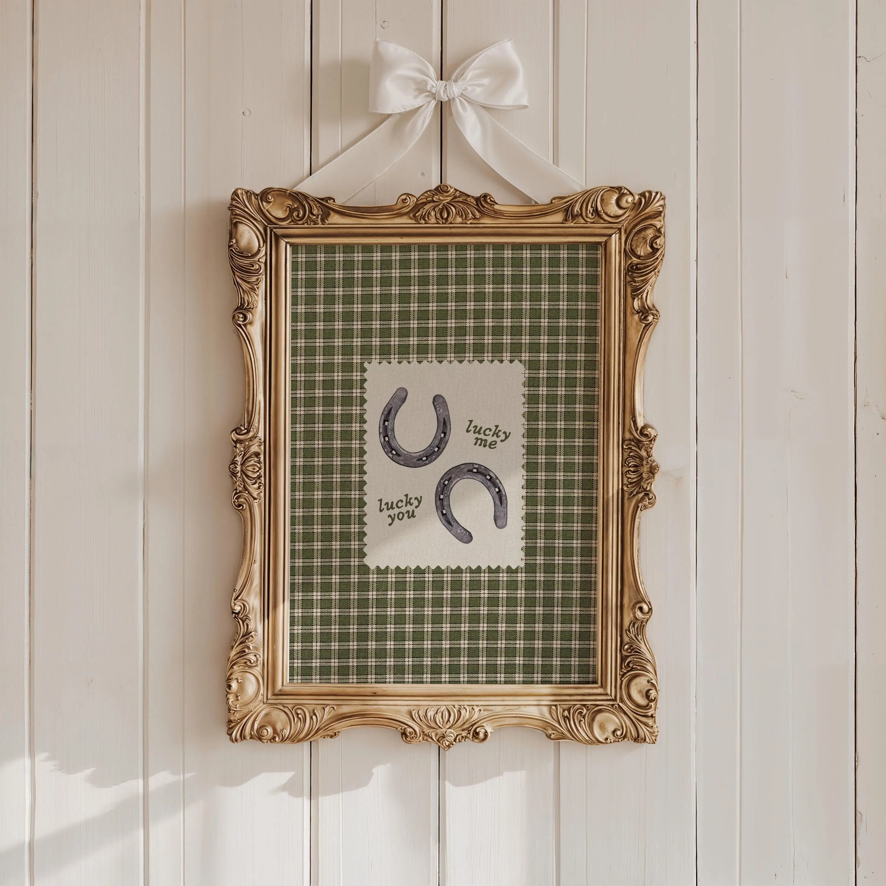 Western Horseshoe Print: Lucky Me Lucky You Gingham Textile Green Wall Art