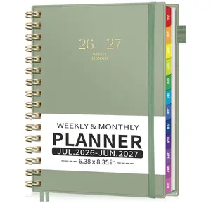 EMSHOI Academic Planner 2026-2027, Weekly and Monthly Calendar (July 2026 - June 2027), School Student Teacher Agenda Book, 100GSM Paper, PVC Cover, Colorful Tabs, A5 (6.38" x 8.35"), Light Green