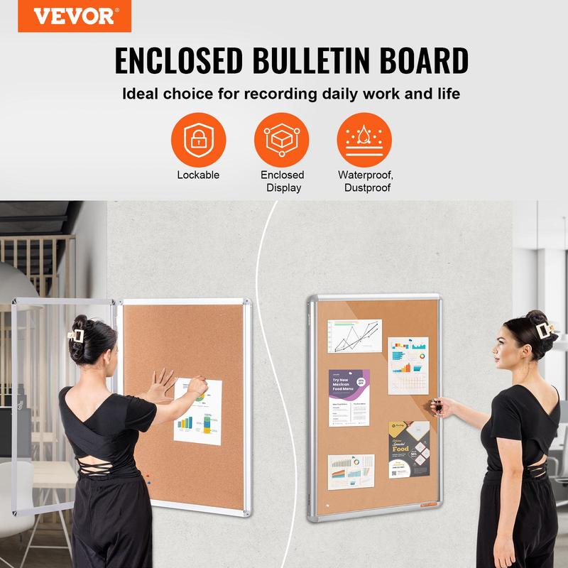 VEVOR 36"x24" Enclosed Cork Board with Aluminum Frame –  Lockable Bulletin Board with Acrylic Door & 2 Keys – Weather-Resistant Wall Display Case for School,  Home, Office
